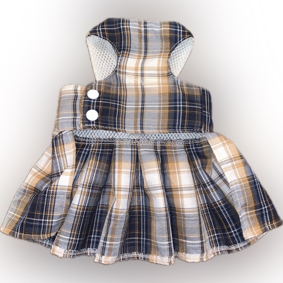 Plaid Dog Harness Dress Ruffle Preppy Plaid Feminine Puppy 🐶 - Picture 3 of 7